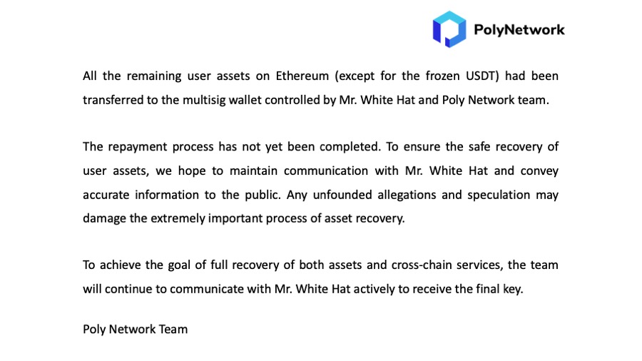 Poly Network 表示，除了冻结的 USDT 外，RetumetAmask